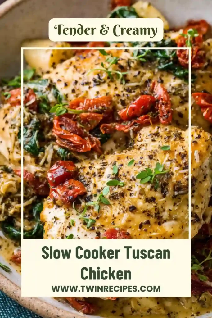 Plate of Tuscan chicken cooked in slow cooker, served with pasta and sauce.
