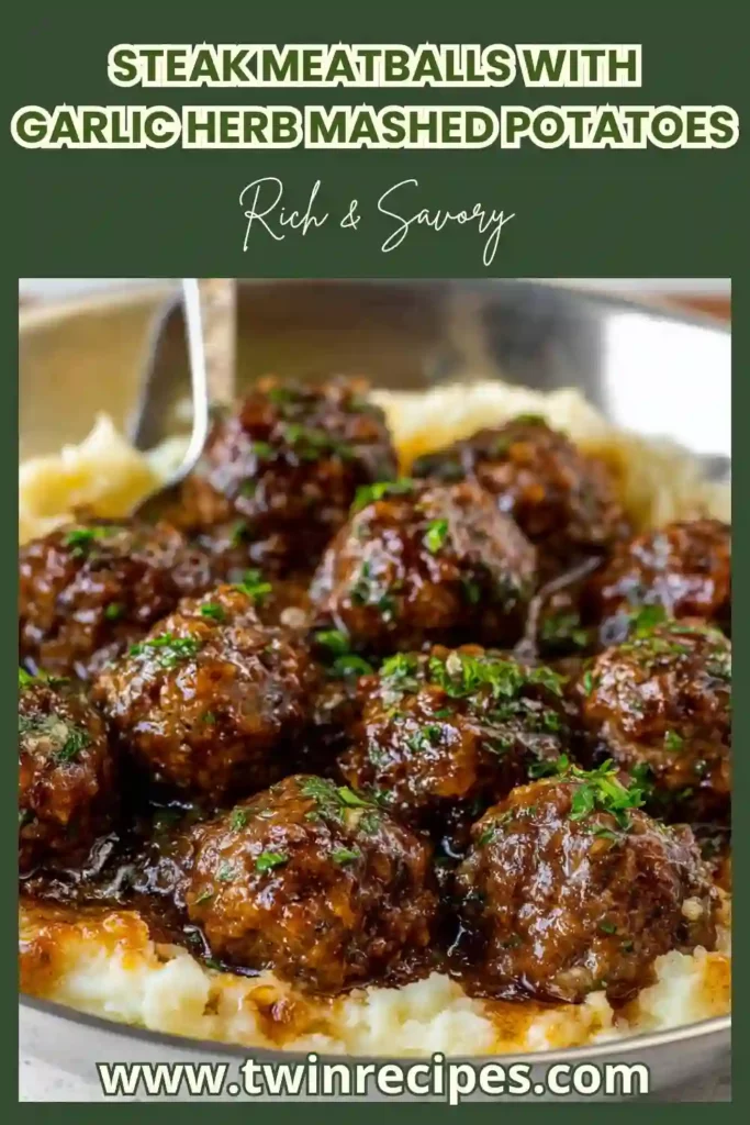 Steak meatballs with brown gravy over garlic mashed potatoes