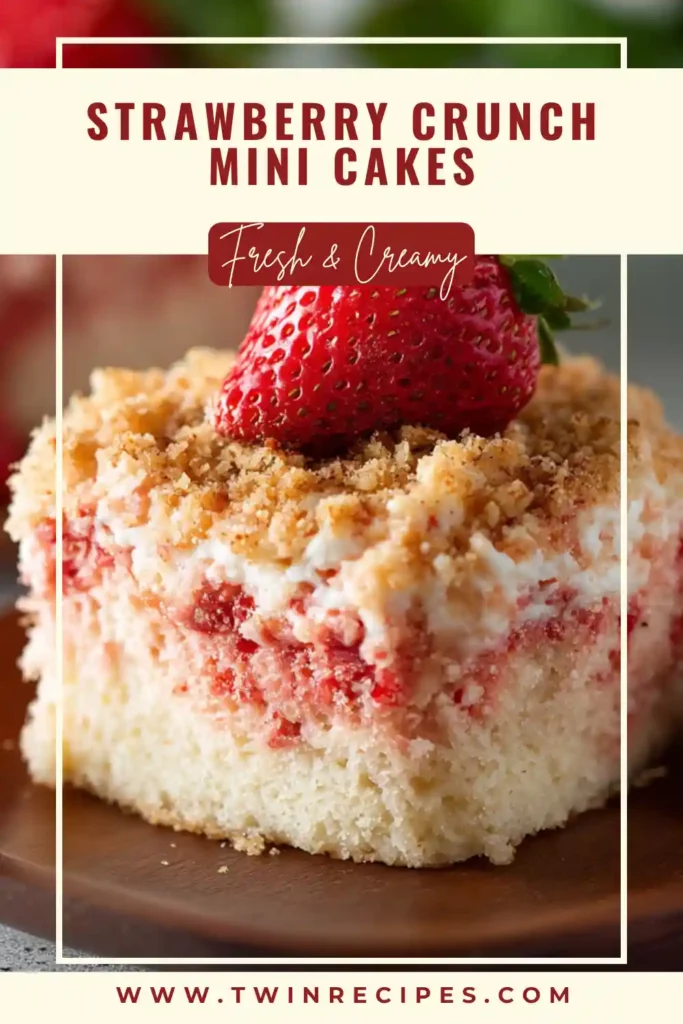 Tray of individual mini strawberry cakes lined up with crunch topping and fresh strawberry garnish.