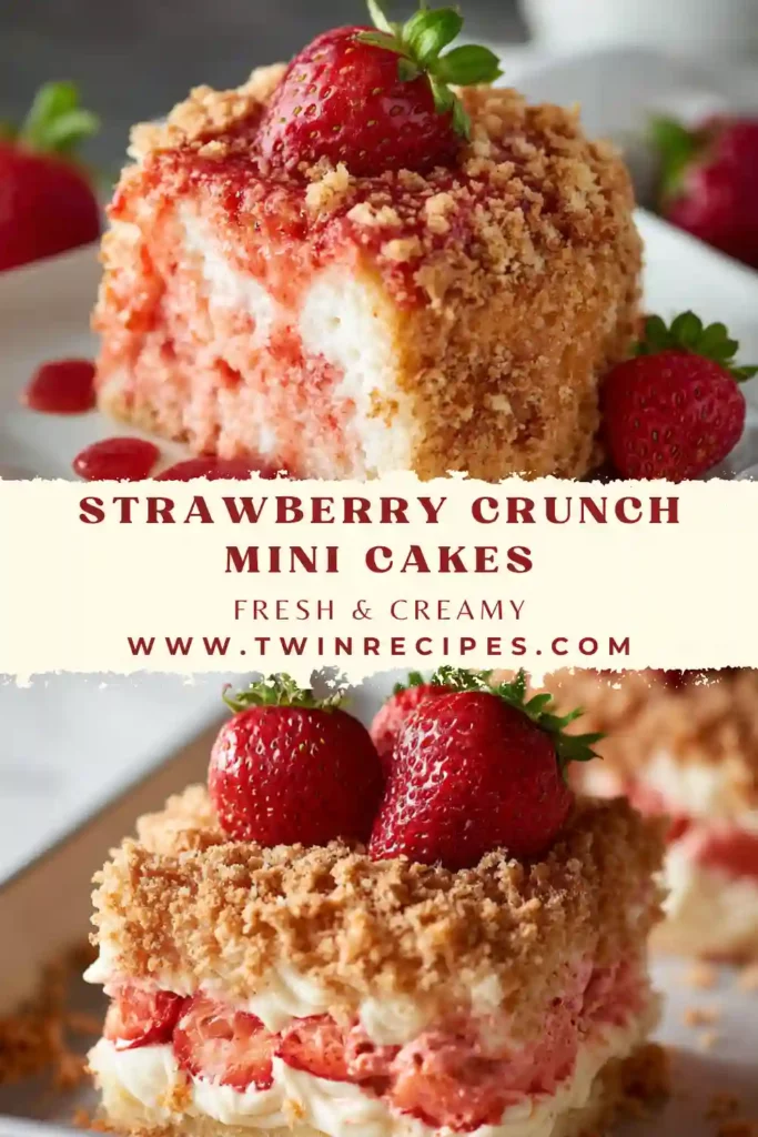 Close-up of a mini cake showing strawberry cake interior, white frosting and pink-colored cookie crunch topping.