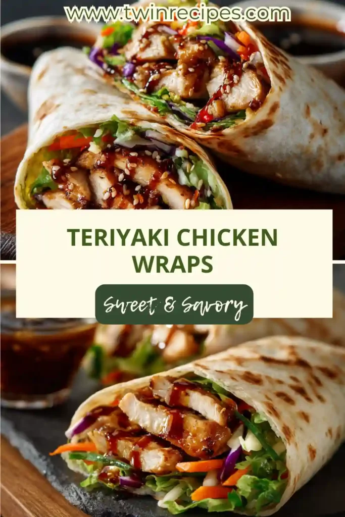 Teriyaki chicken wrap served with dipping sauce and sesame seeds.