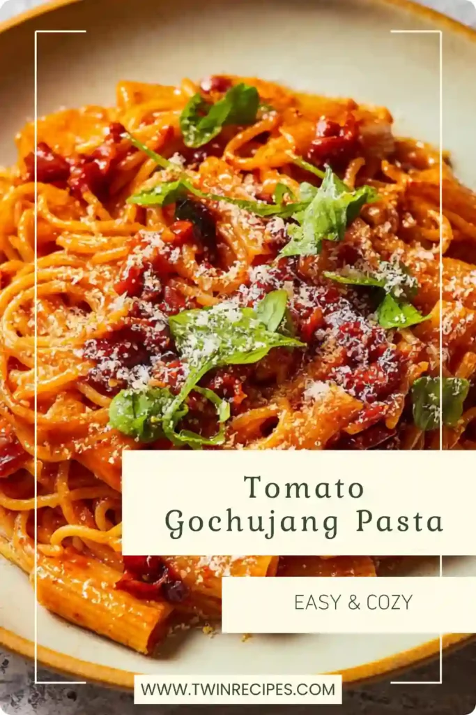 A bowl of Tomato Gochujang Pasta with silky tomato–gochujang sauce, vegan sausage crumble and fresh parsley.