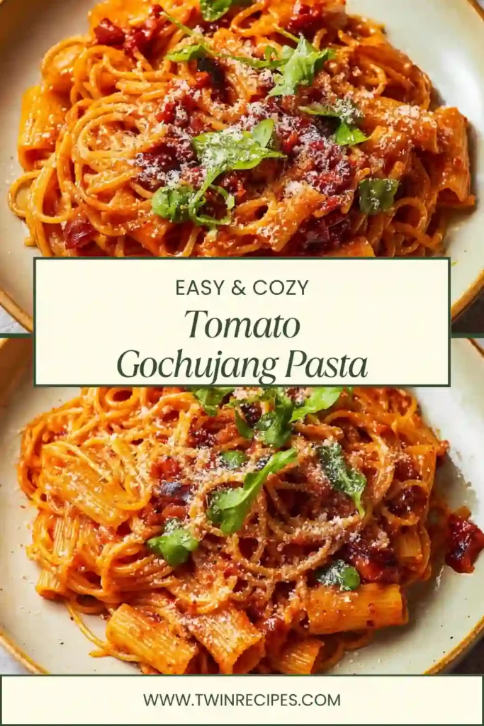 Close-up of pasta tubes coated in a vibrant red gochujang-tomato sauce, garnished with fresh basil and vegan cheese.