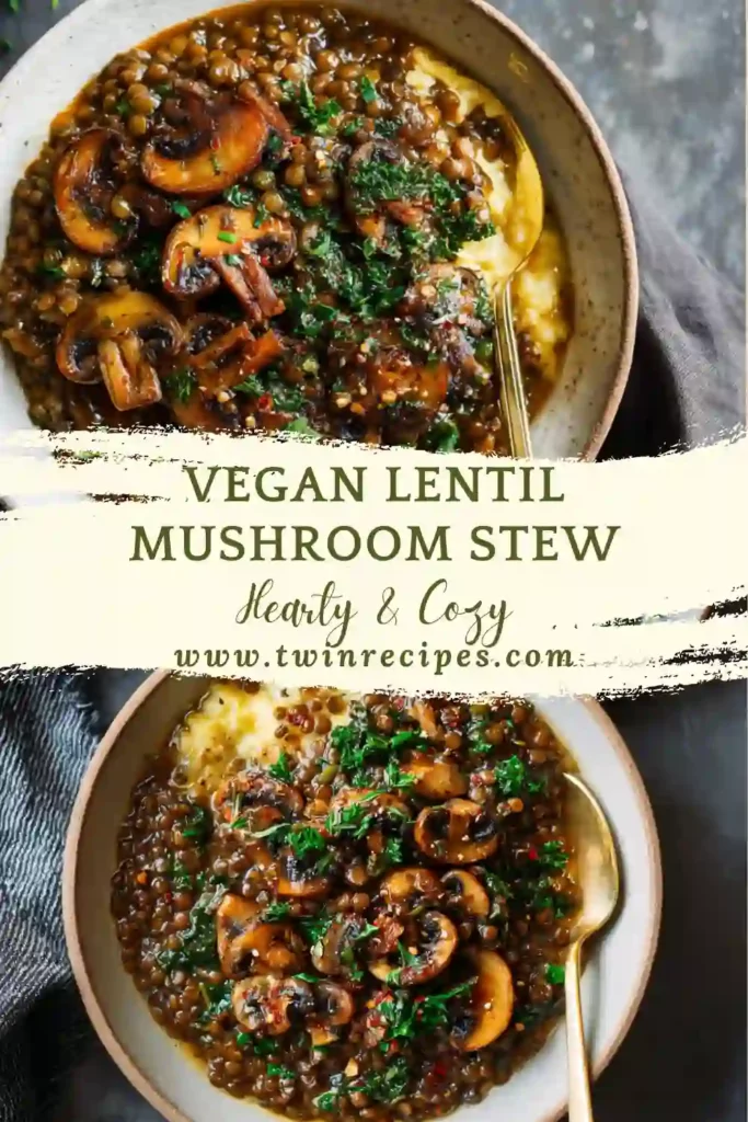 Hearty mushroom and lentil stew in a bowl