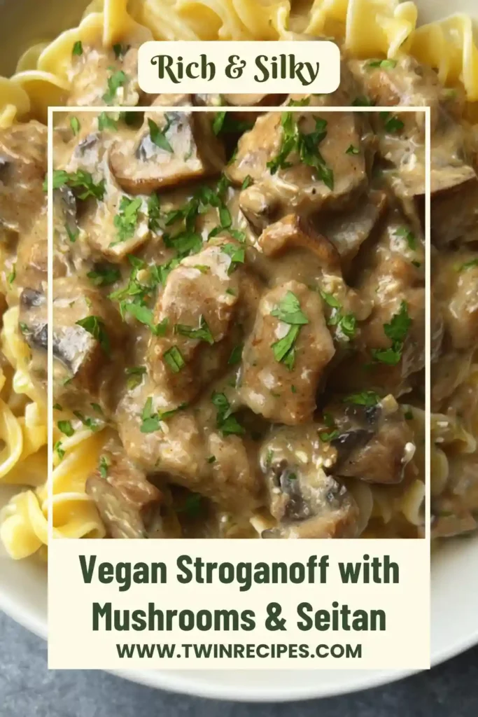 Vegan stroganoff made with mushrooms and seitan in a creamy dairy-free sauce served over noodles.