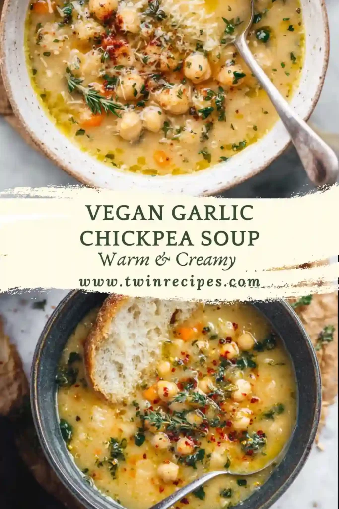 A bowl of creamy vegan garlic chickpea soup with parsley and olive oil drizzle.