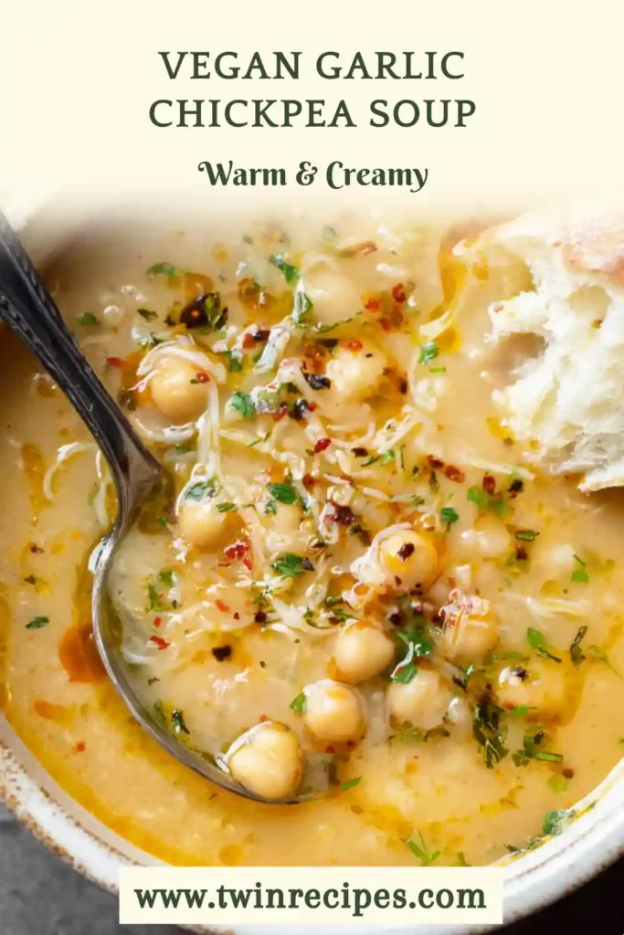 Close-up of chickpea soup showing thick, creamy texture with garlic and herbs.
