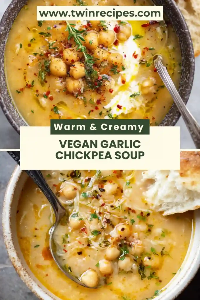 Vegan garlic chickpea soup served with crusty bread and fresh herbs.