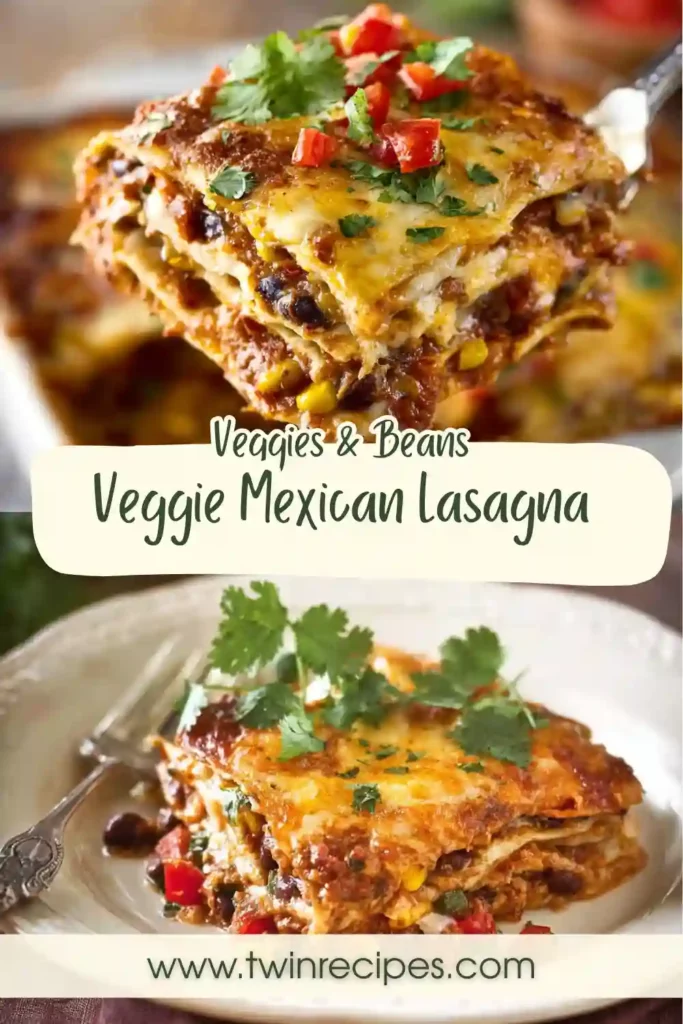 Close-up of a slice of vegetarian Mexican lasagna showing colorful layers of veggies and cheese.