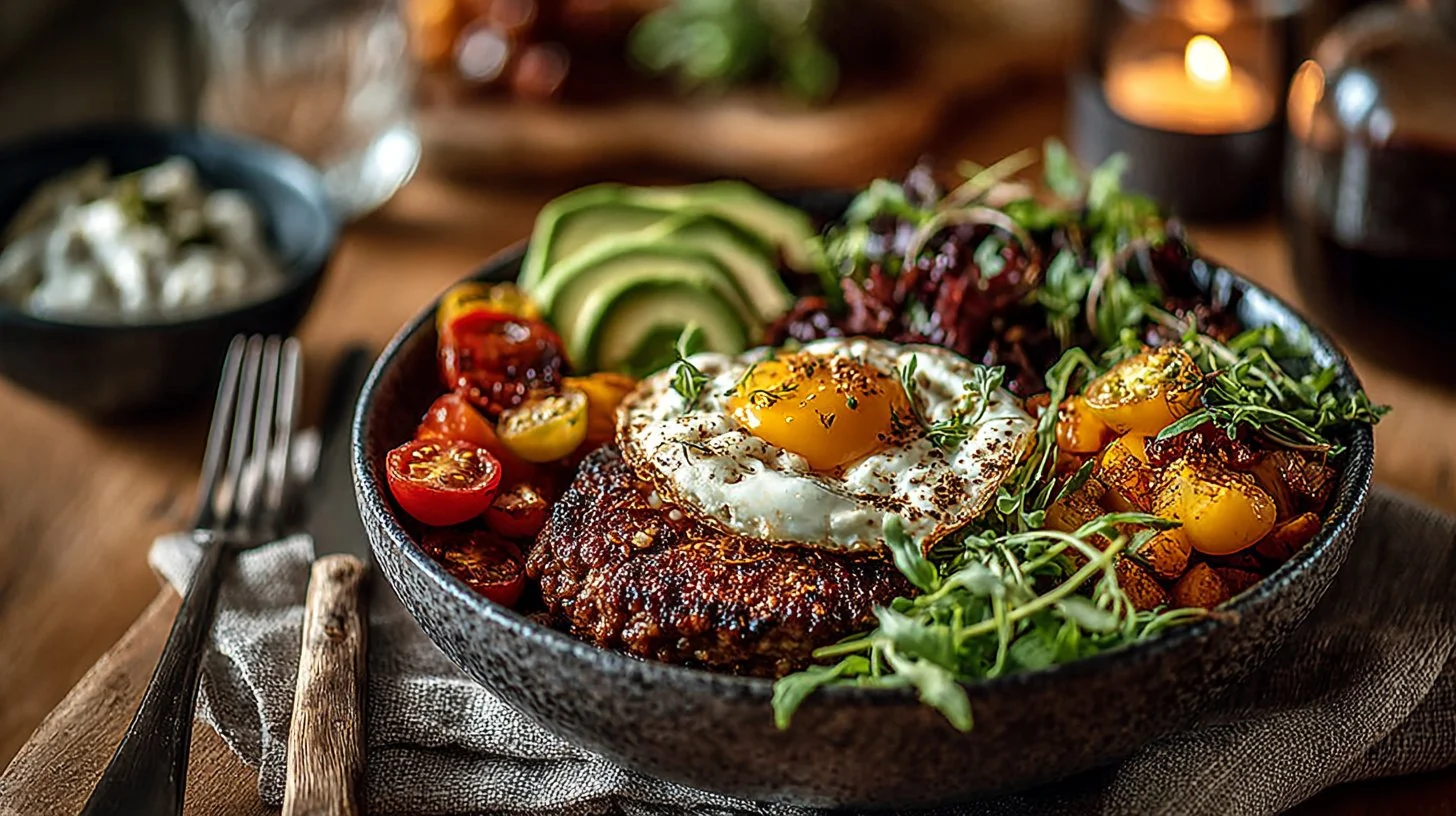 Delicious Burger Bowls with beef, veggies, and toppings served in a bowl.