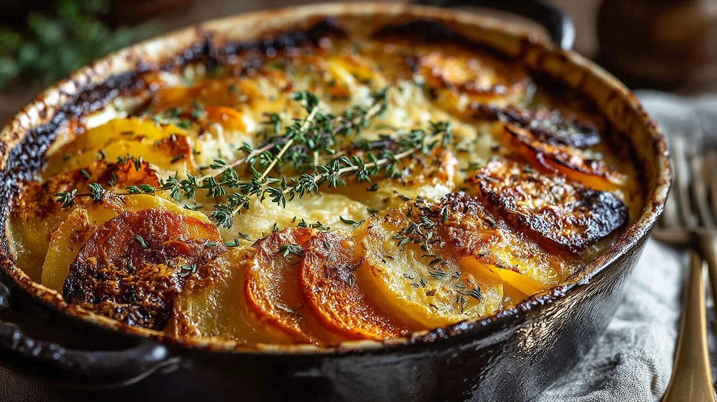 Delicious Cheesy Root Veggie Gratin topped with melted cheese and herbs