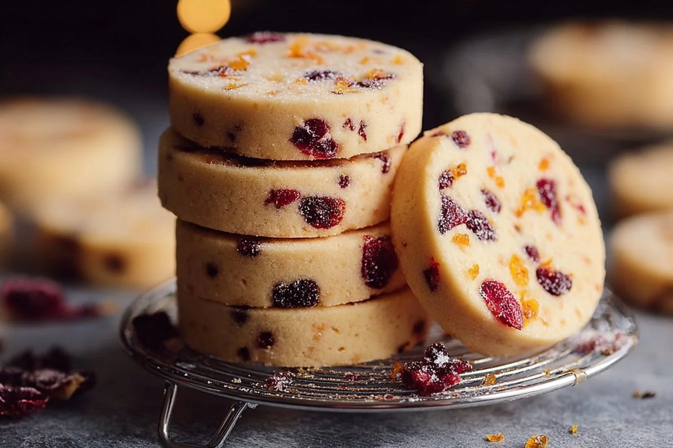 Cranberry Orange Shortbread Cookies on a baking tray