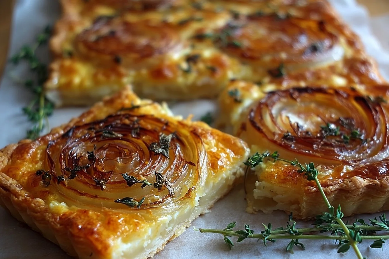 Golden sweet onion tart with Gruyère cheese and herbs, delicious and savory dish.