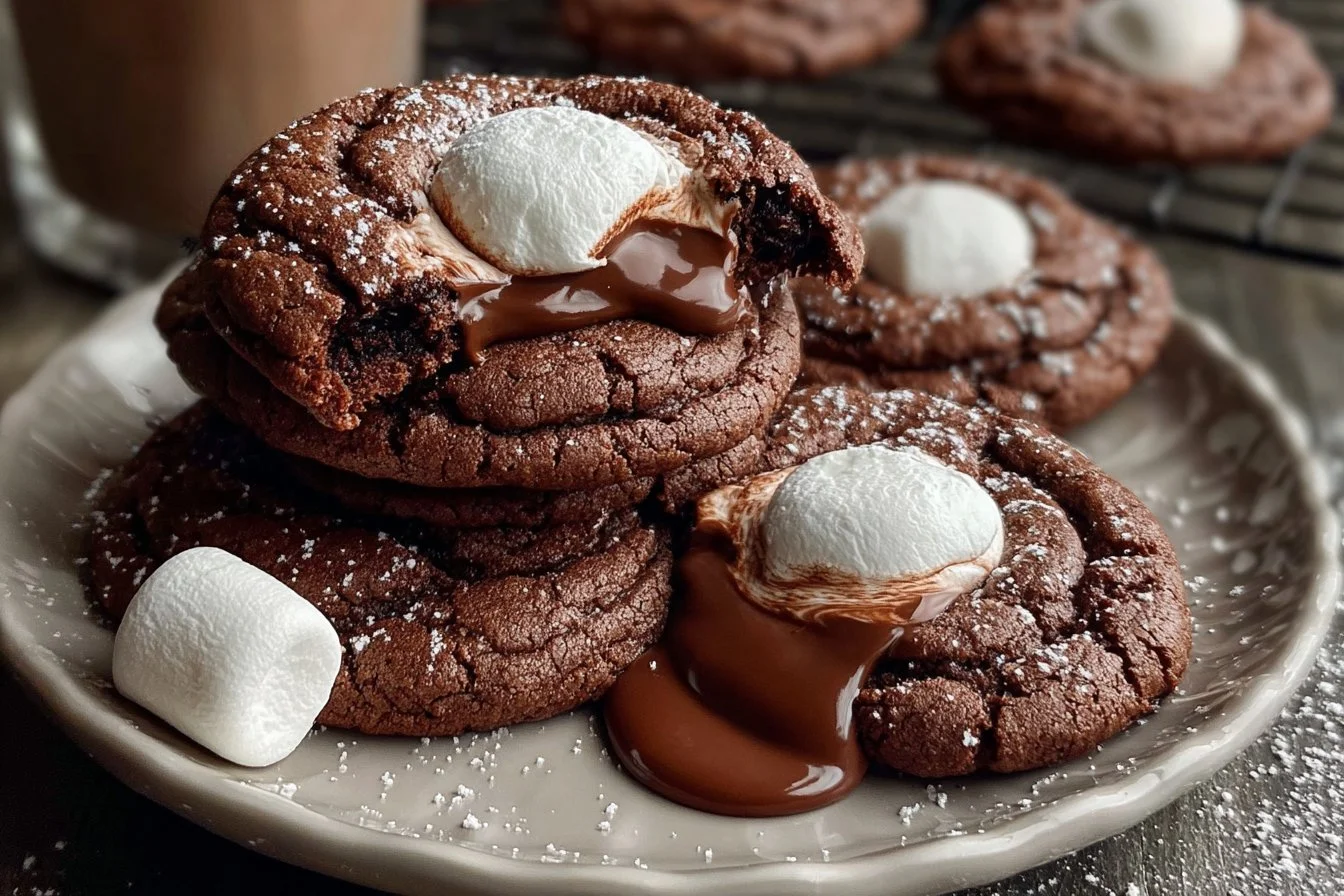 Marshmallow hot cocoa surprise cookies on a plate, drizzled with chocolate