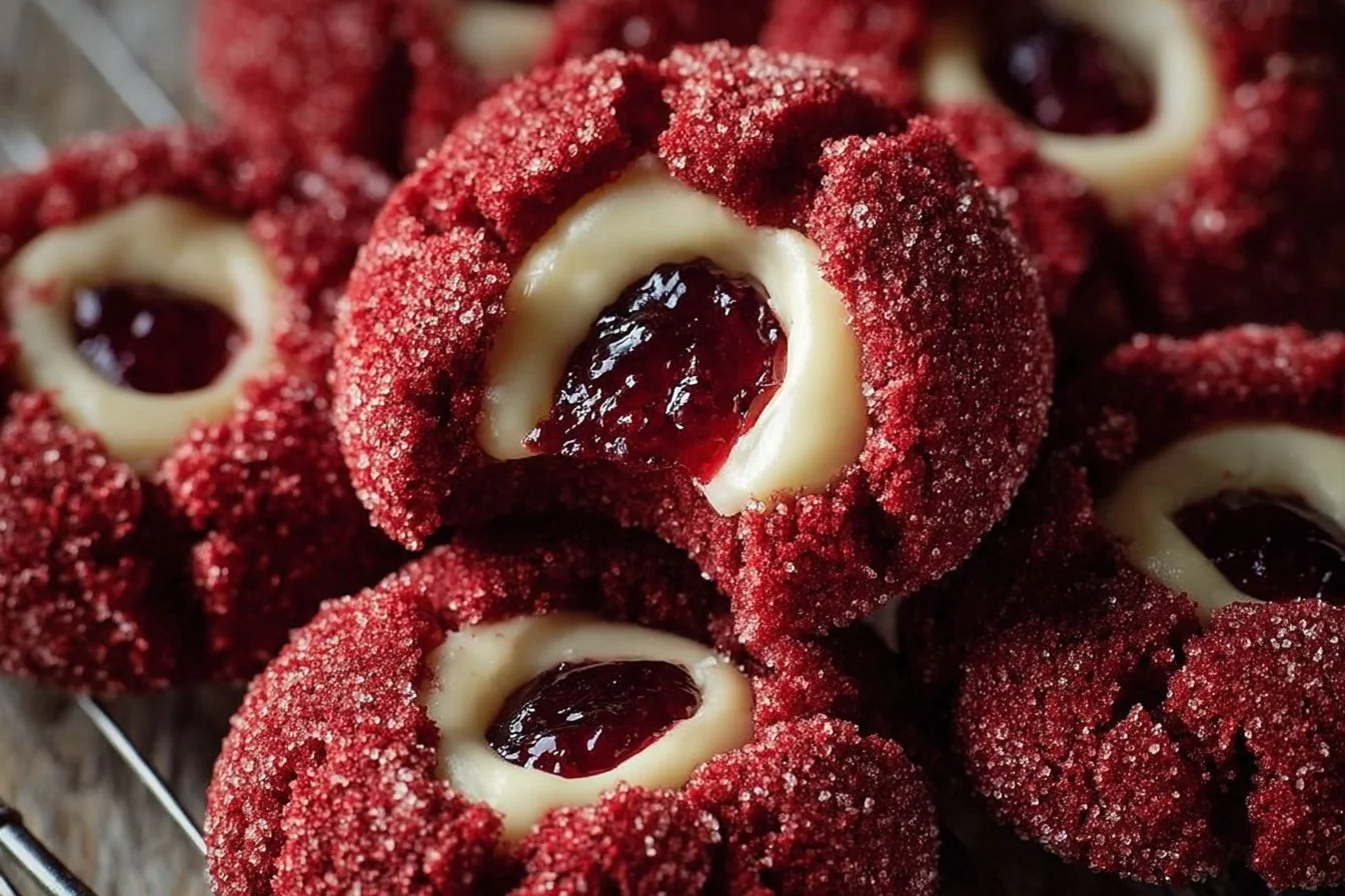 Delicious Red Velvet Thumbprint Cookies on a plate with cream cheese filling.