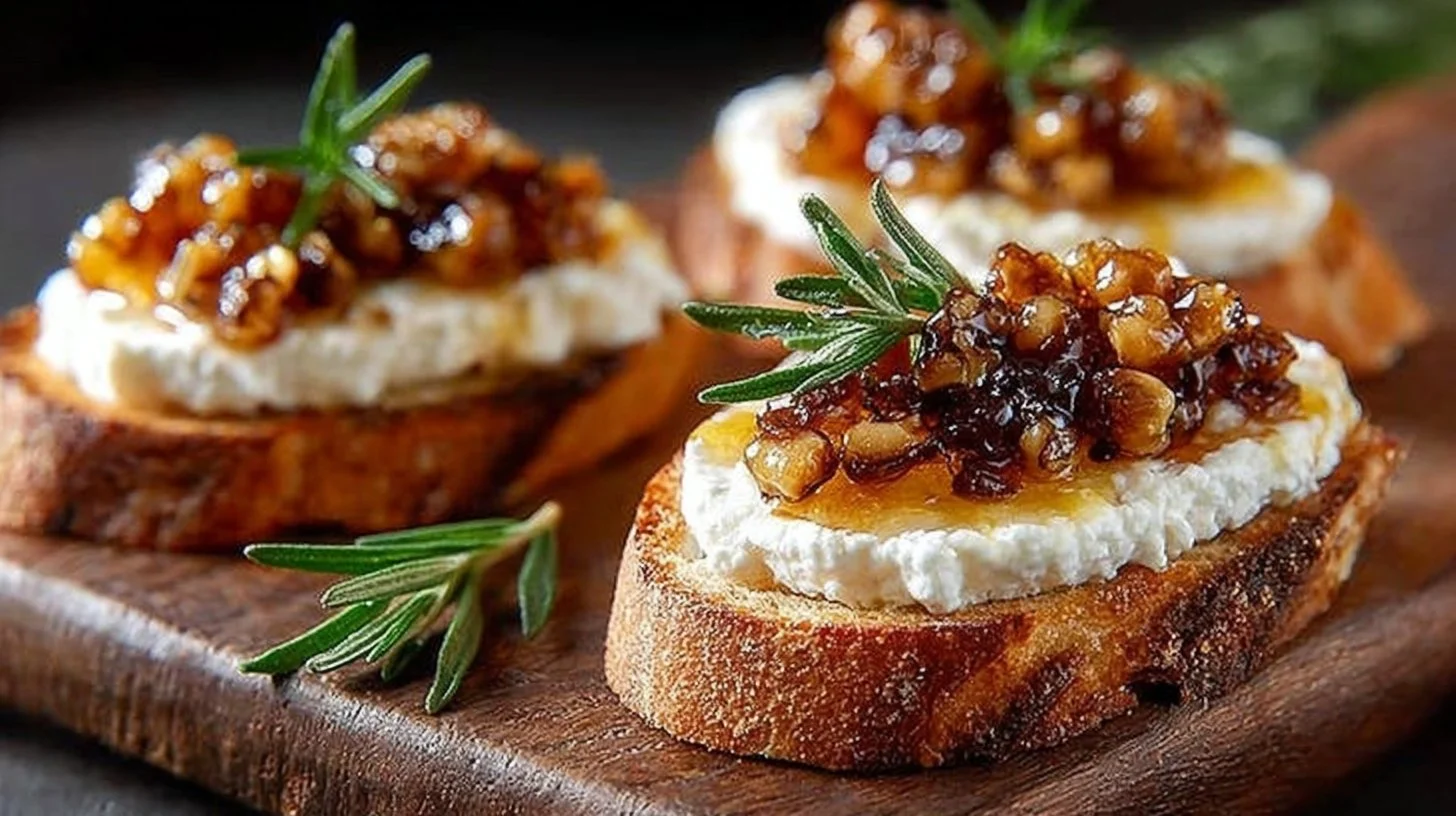 Whipped feta crostini drizzled with hot honey on a serving platter