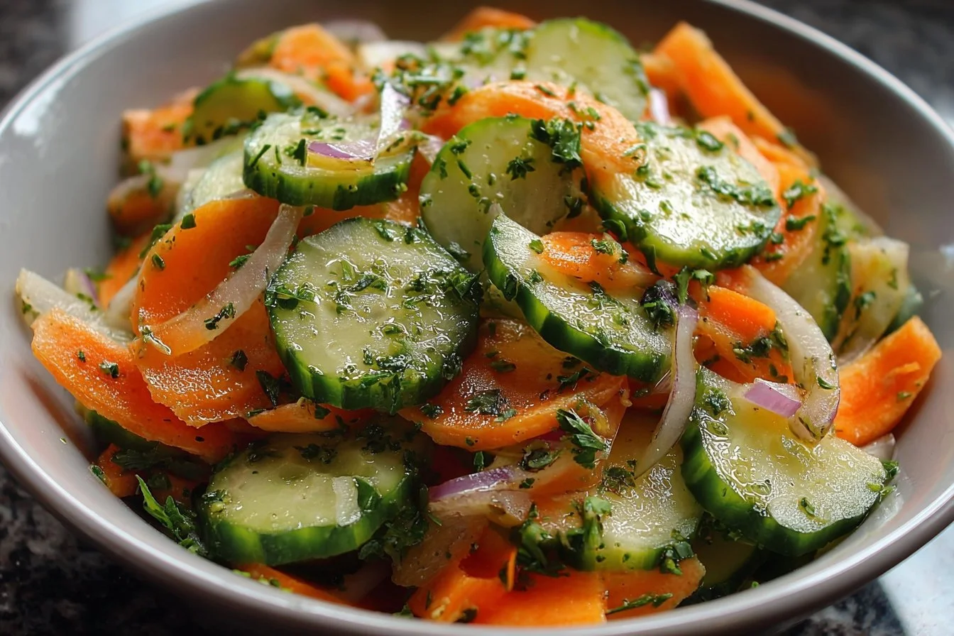 Crunchy cucumber, carrot, and celery salad in a bowl