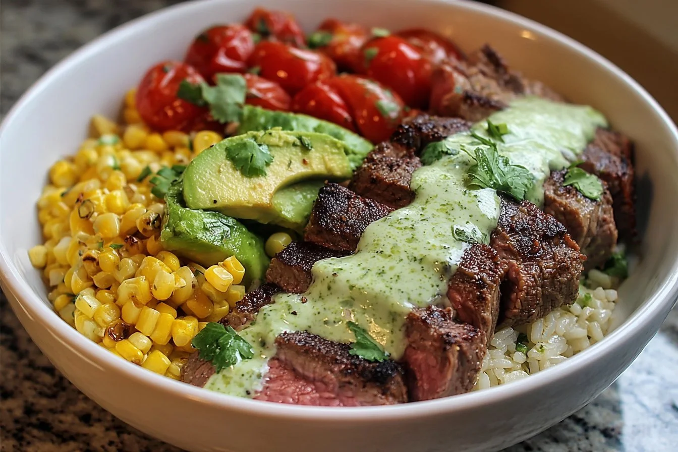 Steak Avocado and Roasted Corn Bowl drizzled with Cilantro Cream Sauce
