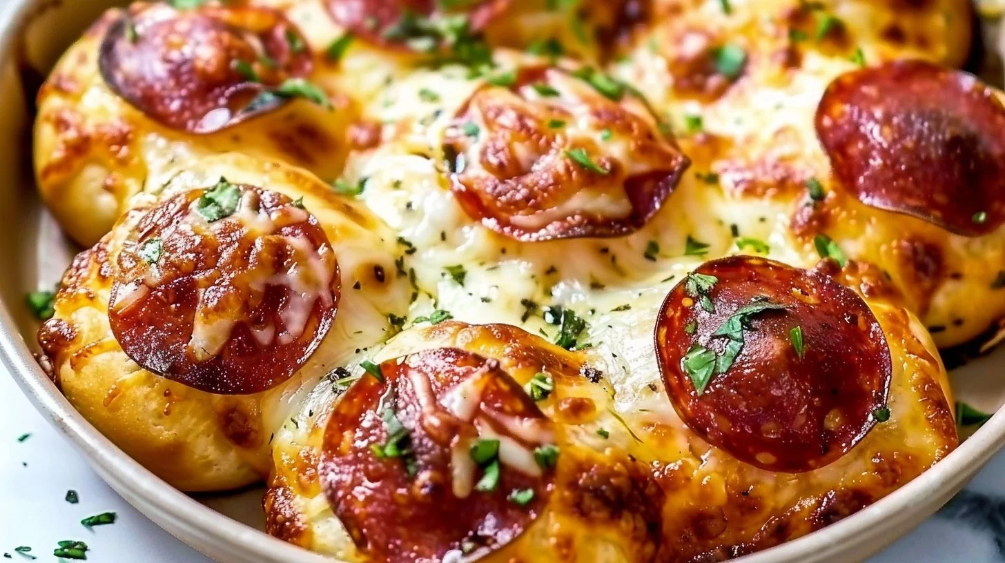 Cheesy pepperoni pizza bombs baked to perfection with gooey cheese inside.