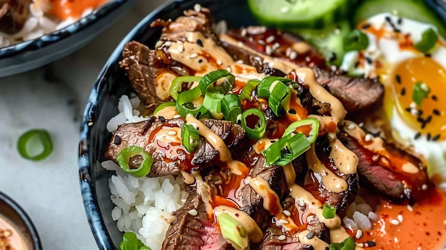Irresistibly Easy Korean BBQ Steak Rice Bowls with Spicy Cream Sauce