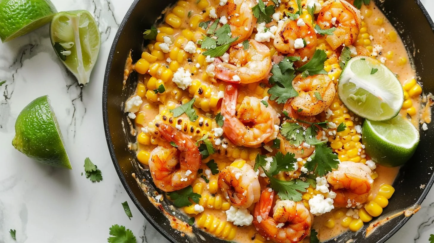 Mexican Street Corn with Shrimp and Creamy Feta Cheese Sauce