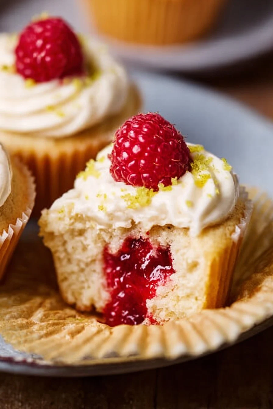 Moist Lemon Cupcakes with Raspberry Filling