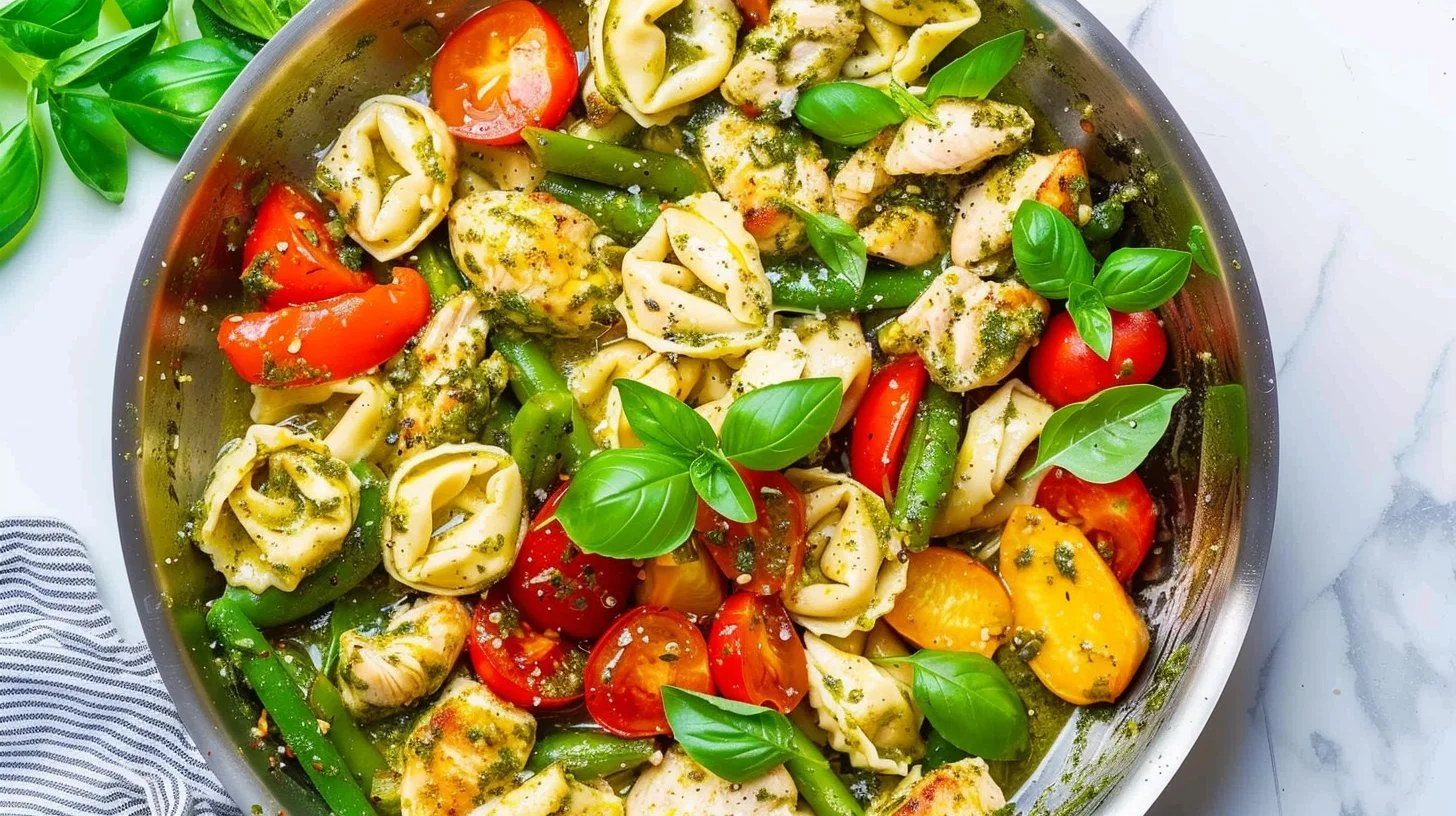 One Pan Pesto Chicken, Tortellini, and Veggies