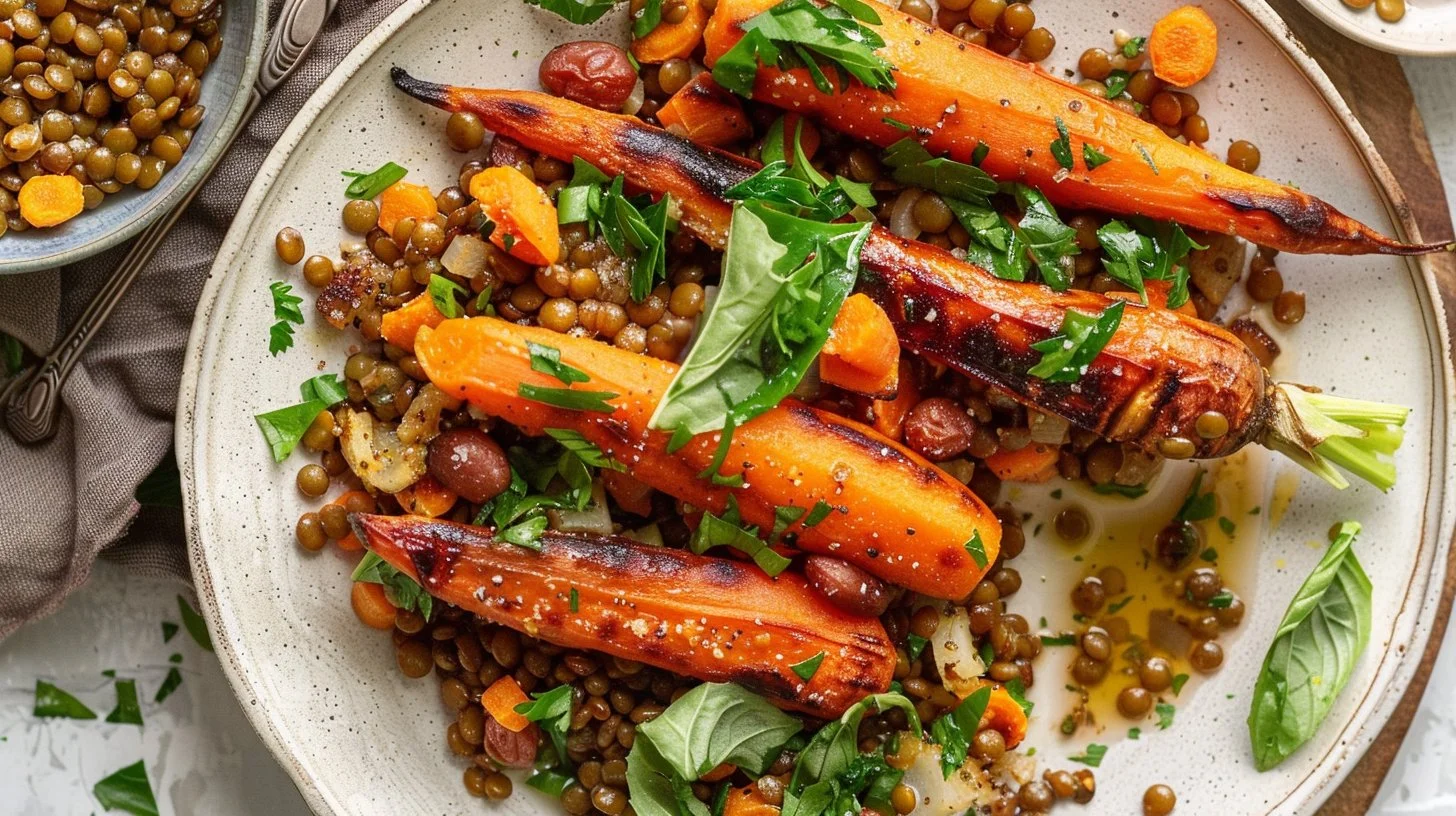Spiced Oven Roasted Carrots with Sweet and Tangy Lentil Salad