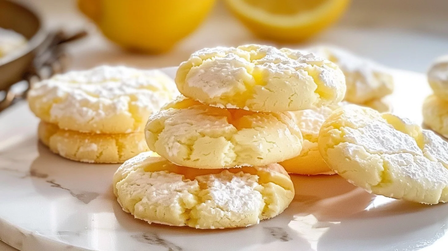 Zesty lemon meltaway cookies on a plate with zest and lemon slices
