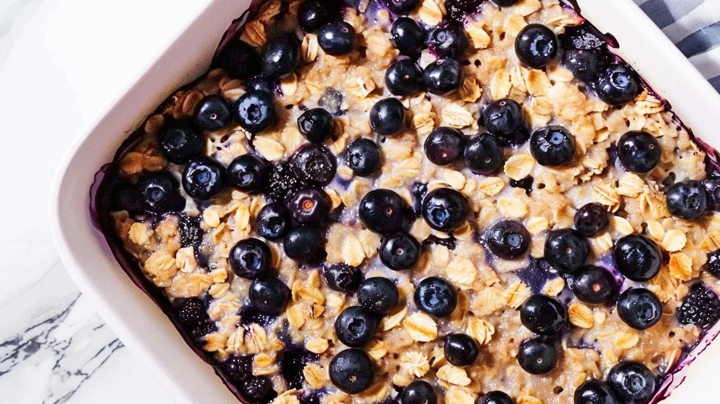 Delicious blueberry baked oatmeal in a ceramic dish topped with fresh blueberries