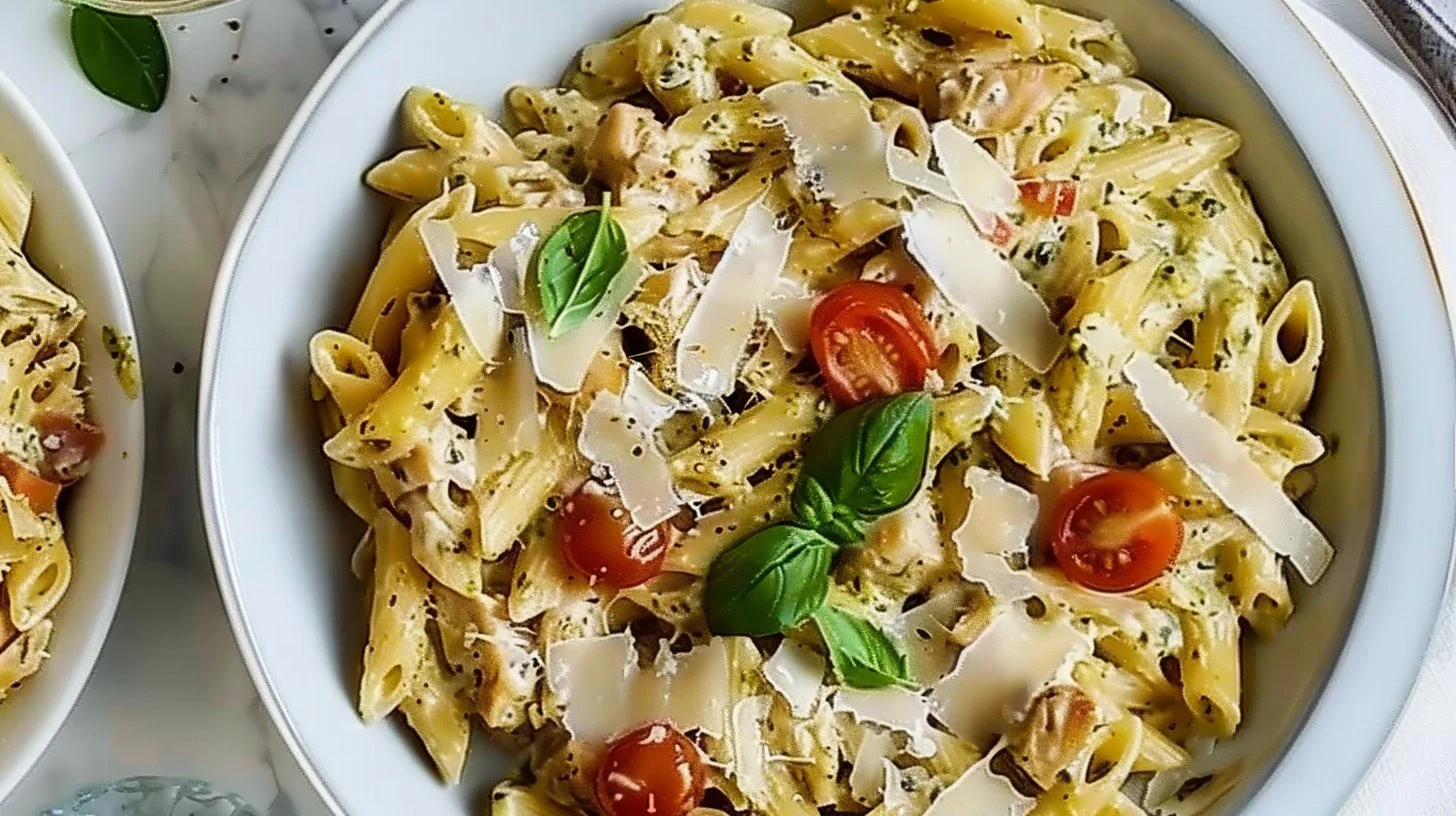 Cheesy tuna pesto pasta served in a bowl with fresh basil and grated cheese