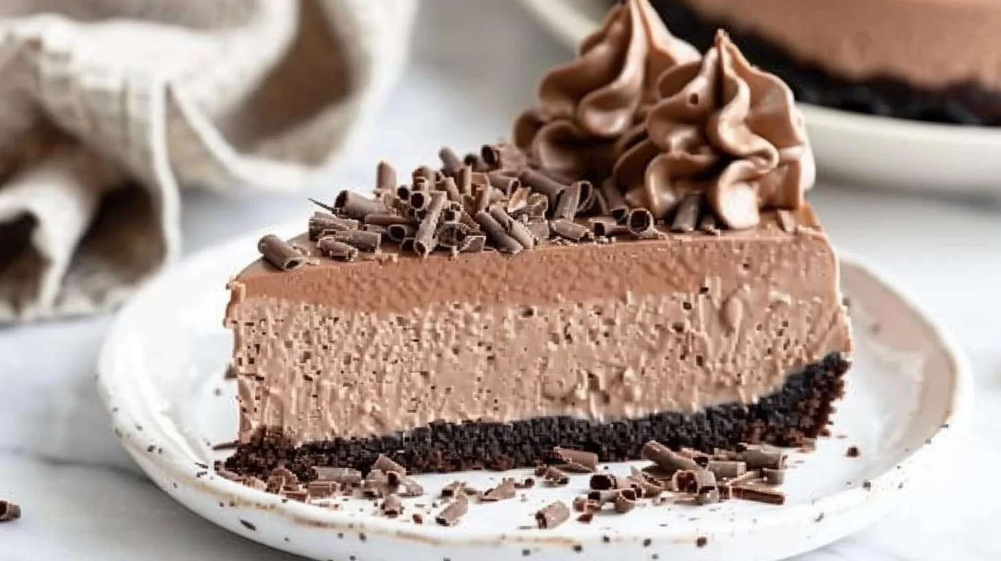 Easy no bake chocolate cheesecake topped with chocolate shavings