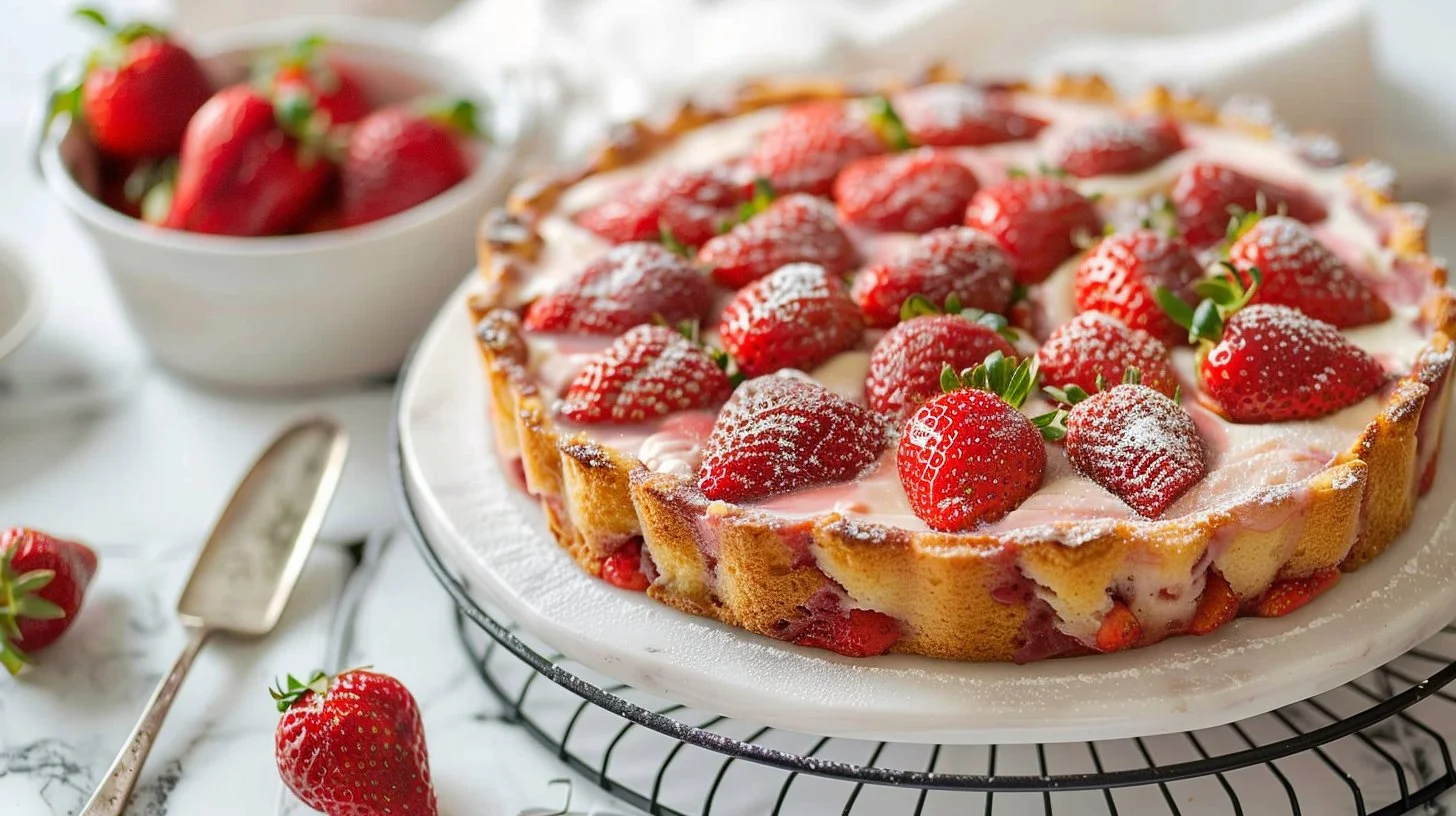 Fresh strawberry cake topped with sliced strawberries and whipped cream