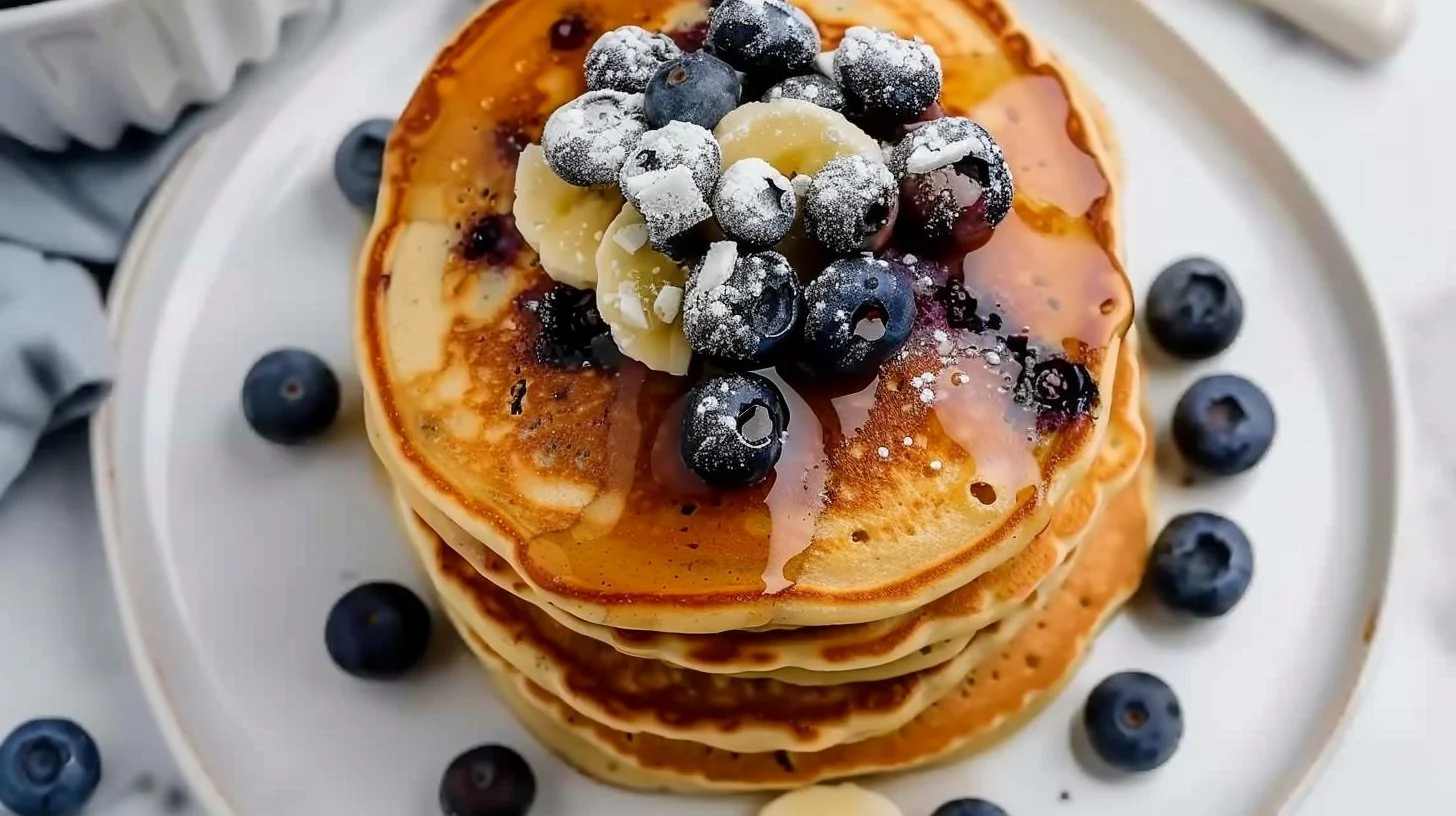 Plate of fluffy blueberry protein pancakes topped with fresh blueberries and syrup.