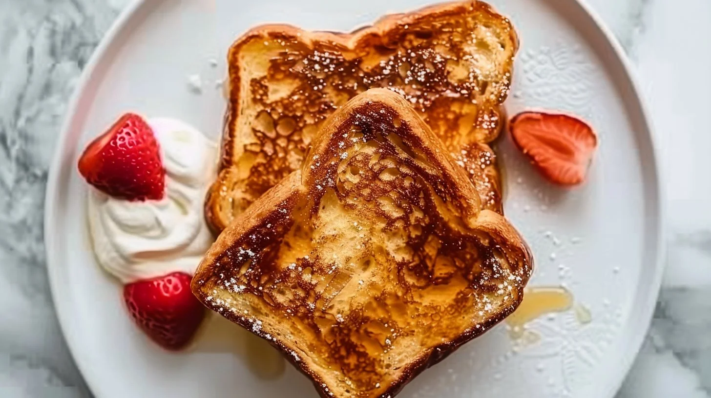 Plate of golden-brown French toast with syrup and fresh berries