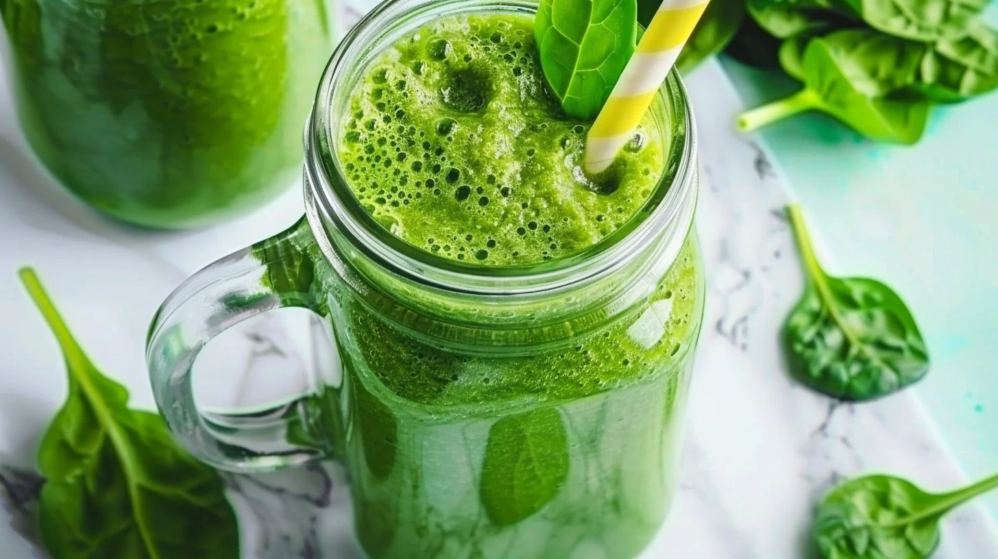 Green detox smoothie with spinach, kale, banana, and apple in a glass.