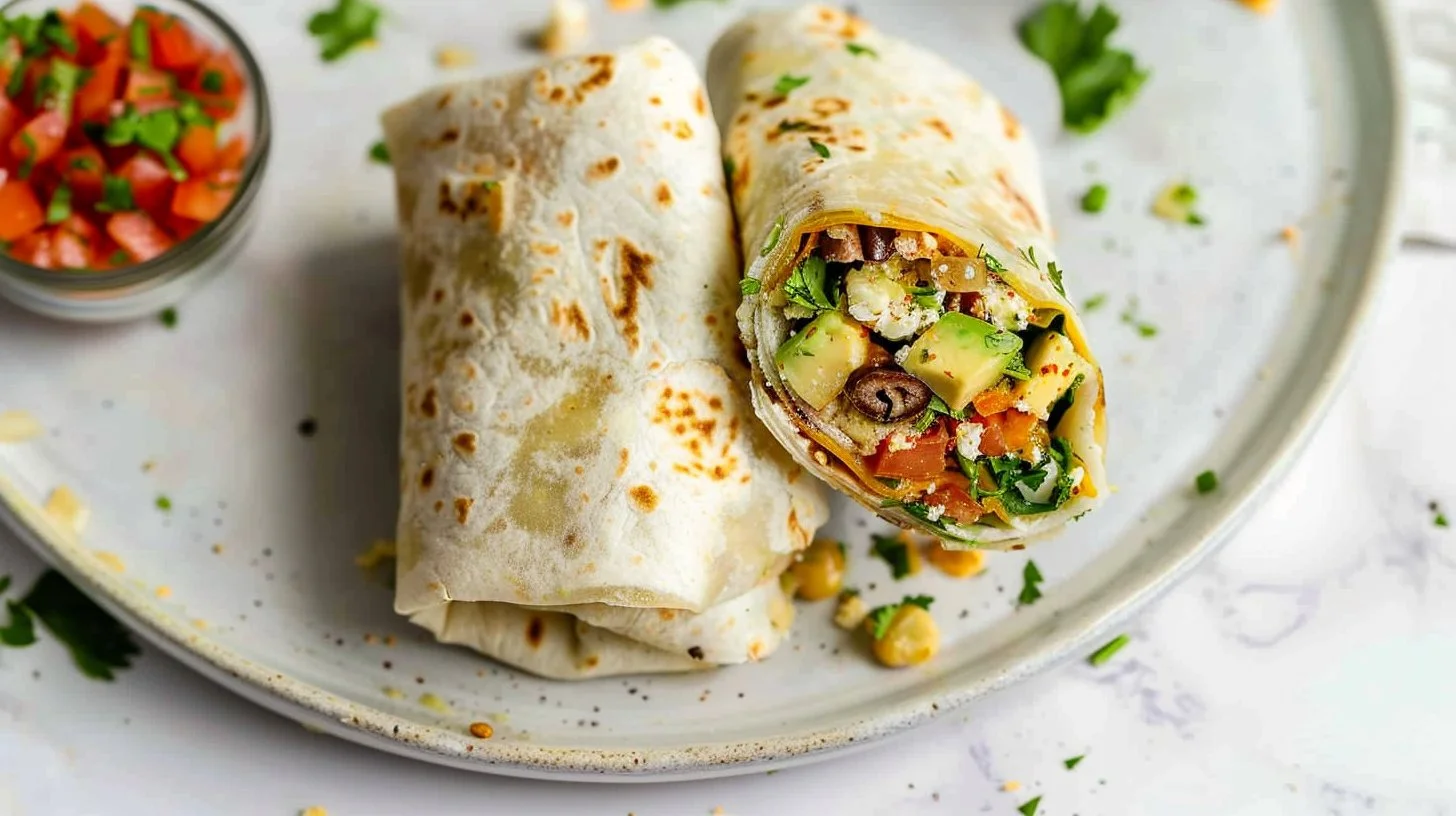 Healthy breakfast burrito with fresh vegetables and protein filling