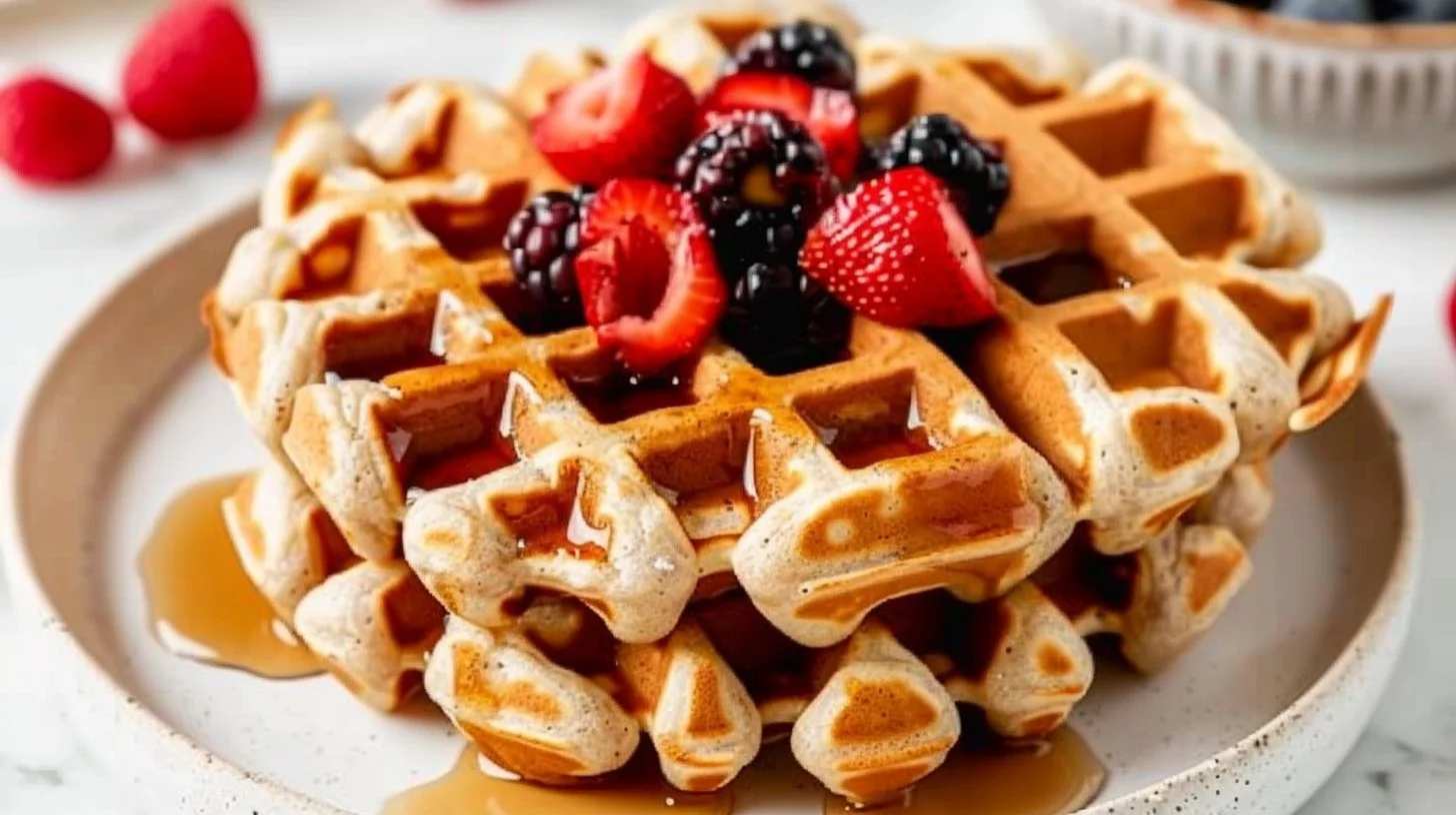 Homemade Protein Waffles stacked high with toppings