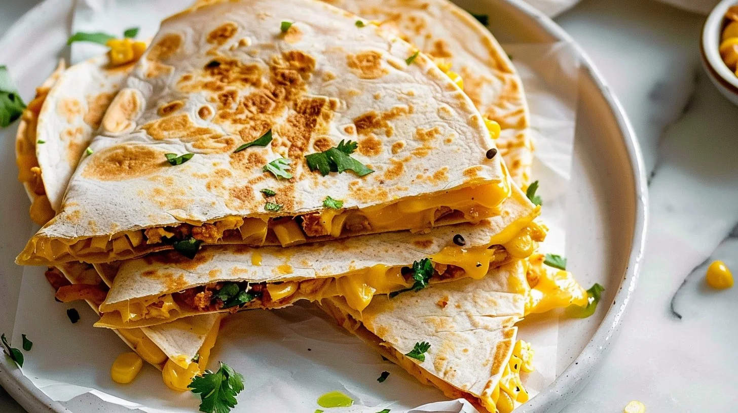 Delicious simple breakfast quesadillas with eggs and cheese on a plate