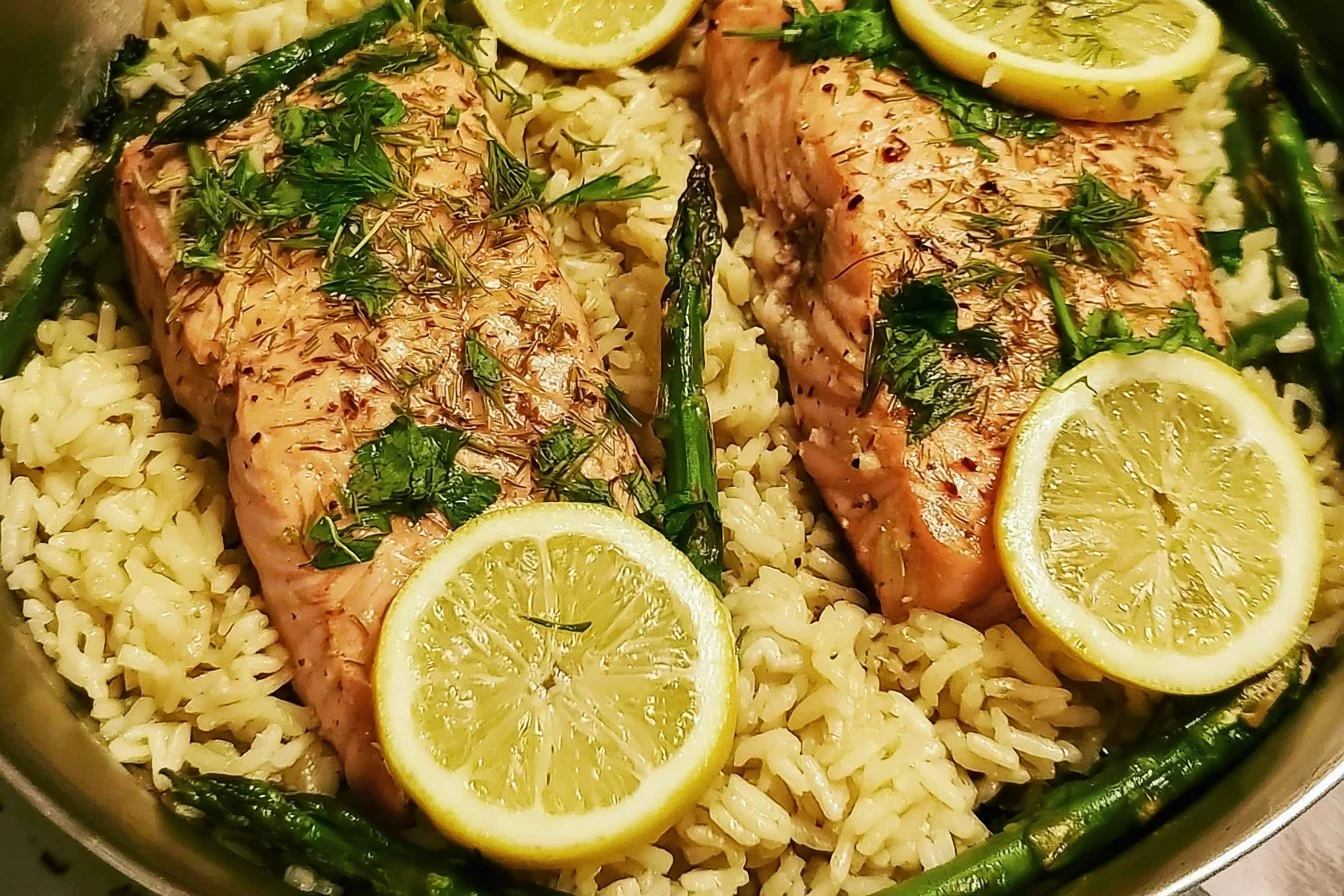 One Pan Salmon and Rice With Lemon & Herbs