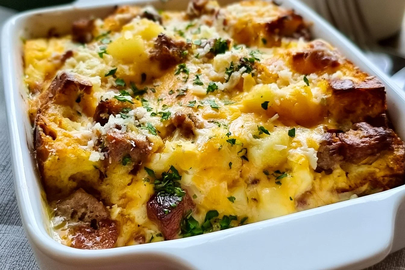 Apple Cheddar and Sausage Breakfast Strata
